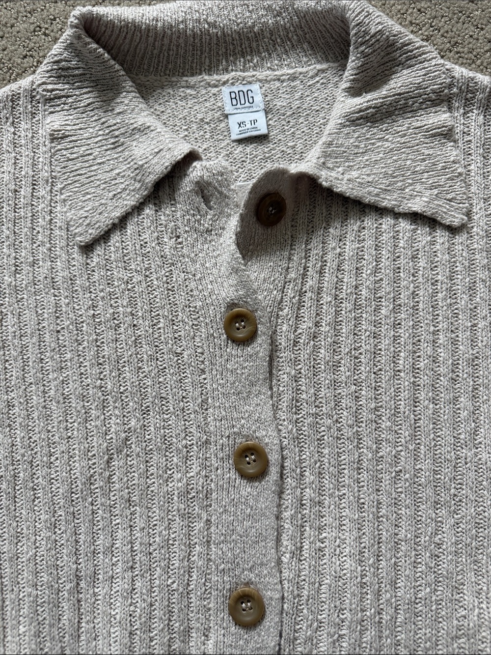 BDG Oatmeal Ribbed Collared Button-Up Cardigan - Picture 2 of 5